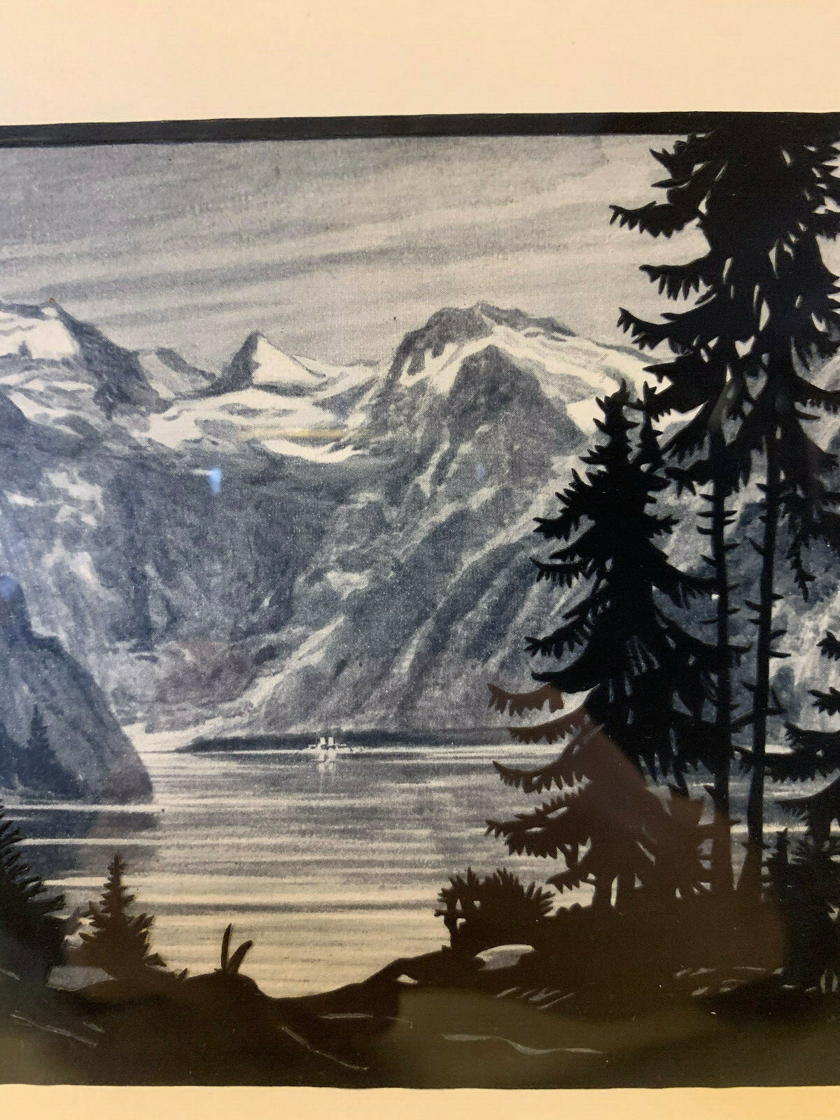 Vintage Silhouette Cutout Trees in Mountain Landscape