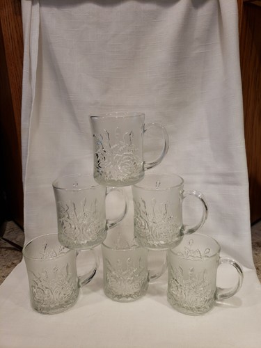 Z015 外国切手 中国 1981年第3回ワールドカップ女子バレー優勝記念限定品 Vtge~6 Clear/Frosted~Embossed Rose~Glass Coffee Mugs