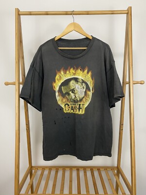 VTG Johnny Cash Gradient Sun Faded Fire Flame Black T-Shirt Size 2XL 