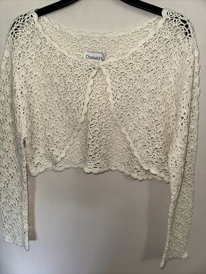 Chadwick s Sweater Women Sz 10 Ivory Crochet  Cropped Cardigan One Button