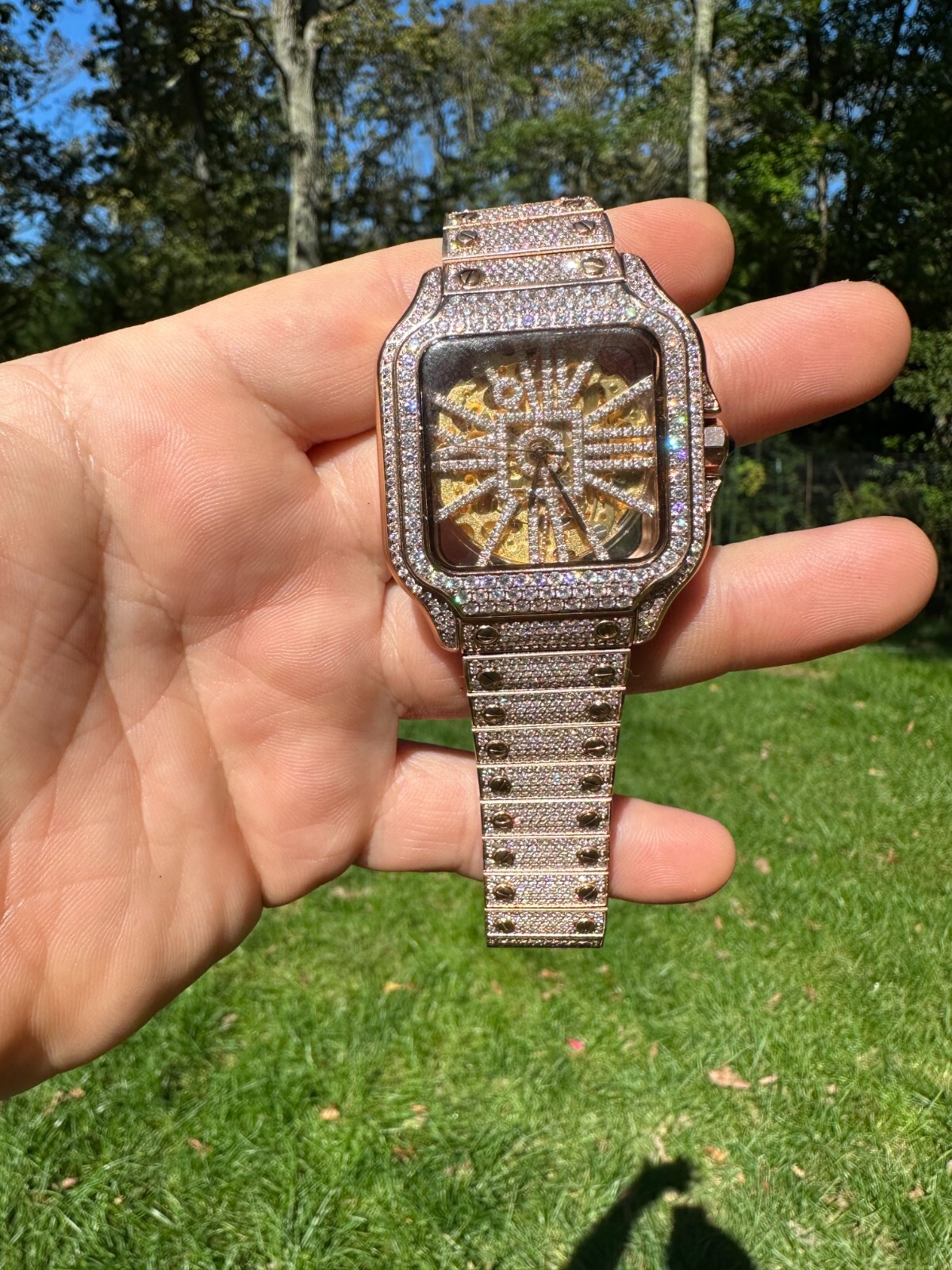 Pre-owned Hip Hop Real Mens Moissanite 14k Rose Gold Watch Iced Automatic Movement Hiphop Skeleton