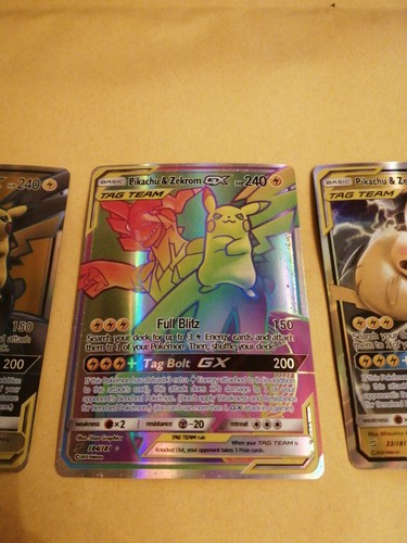 3x Pokemonkarten Pikachu Zekrom Tag Team GX Rainbow Holo Selten Proxy