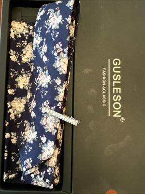 GUSLESON Tie Set Black Floral Cotton Slim Tie, Pocket Square & Tie Clip NEW!