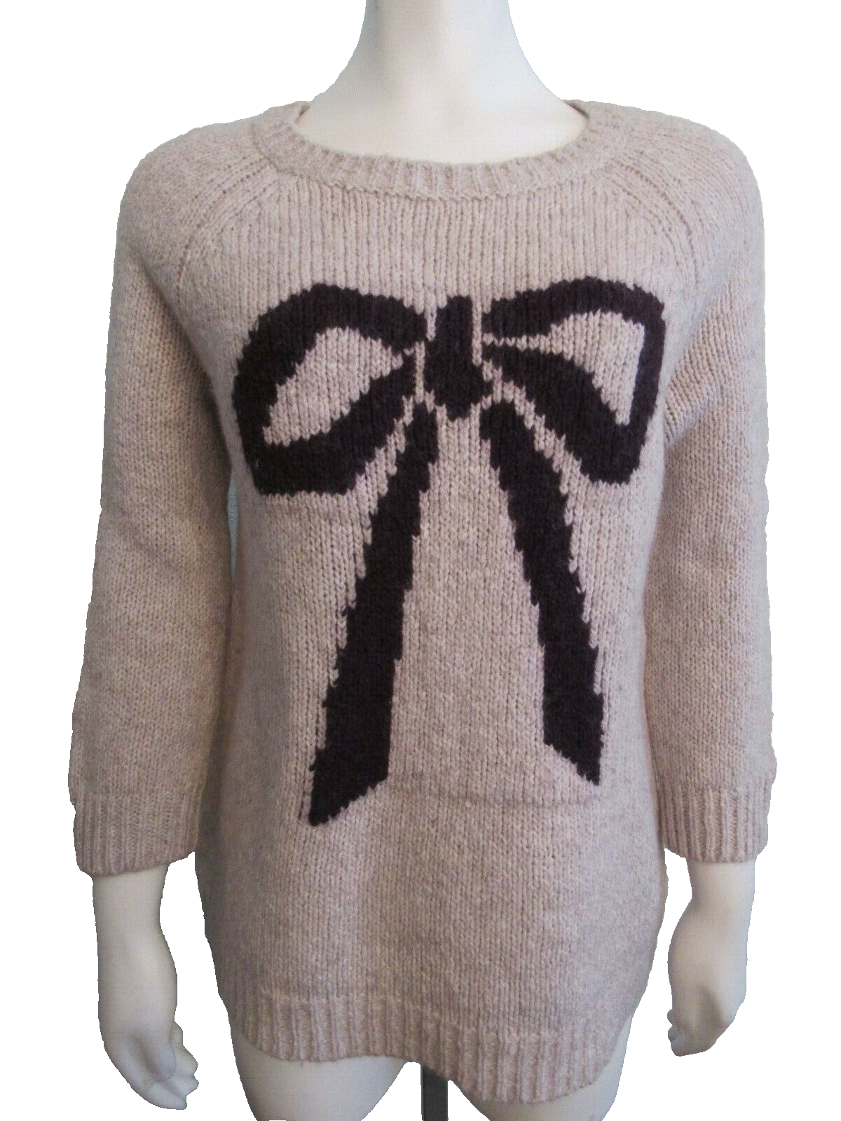 ANN TAYOR LOFT Oatmeal Raglan Sleeve Black Bow Sweater Cotton Wool Knit Sz M