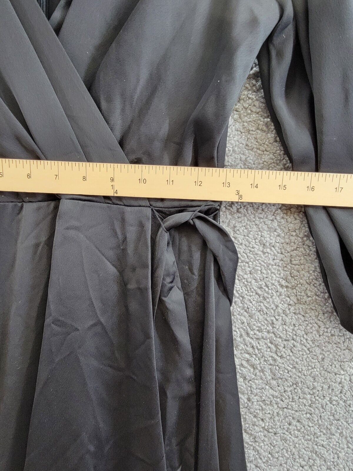 DKNY Balloon-Sleeve Faux-Wrap Gown Women's 4 Black Surplice Neck Tie Waist - Picture 7 of 17