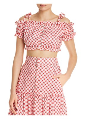 

PALOMABLUE Женский красный укороченный топ в горошек с оборками и открытыми плечами Размер