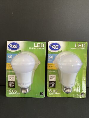 2 LED 60W = 9.9W Soft White 60 Watt Equivalent light bulbs Great Value Energy  