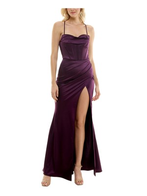 SPEECHLESS Womens Purple Lace-up Back Bra Cups High Slit Dress Juniors XS