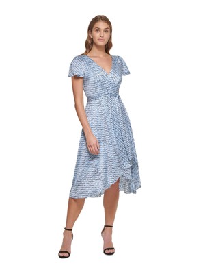 

DKNY Женское белое платье миди с поясом и развевающимися рукавами для работы с запахом, Белый