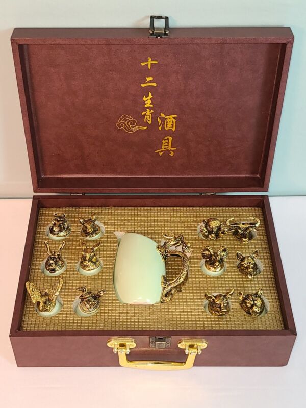 12 Chinese Zodiac Ceramic Wine Cup Set Liquor Shot Glass Bar  Gift Box Sake