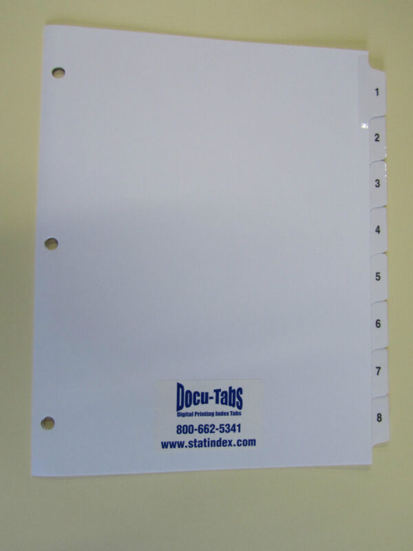 500 SETS # 1-8 Numbered index tab dividers, 3 hole reinforced binding edge