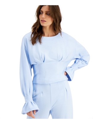 

INC Женский голубой плиссированный топ с круглым вырезом и длинными рукавами, Light blue