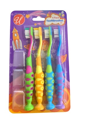 4 Pack Kids Toothbrushes with Caps, Extra Soft, Ages 2-6, Anti-Slip Color Handle