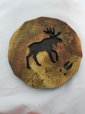 Moose w/Track Wood LOOK Round Ceramic Coaster/ Keepsake