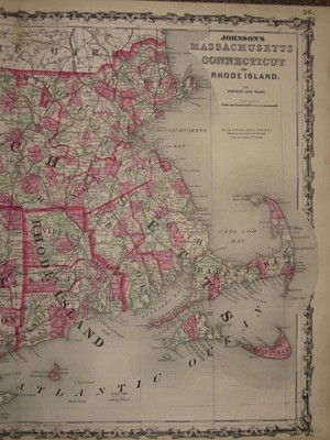 1863 MASSACHUSETTS CONNECTICUT RI MAP CIVIL WAR ERA Johnson Geography Atlas