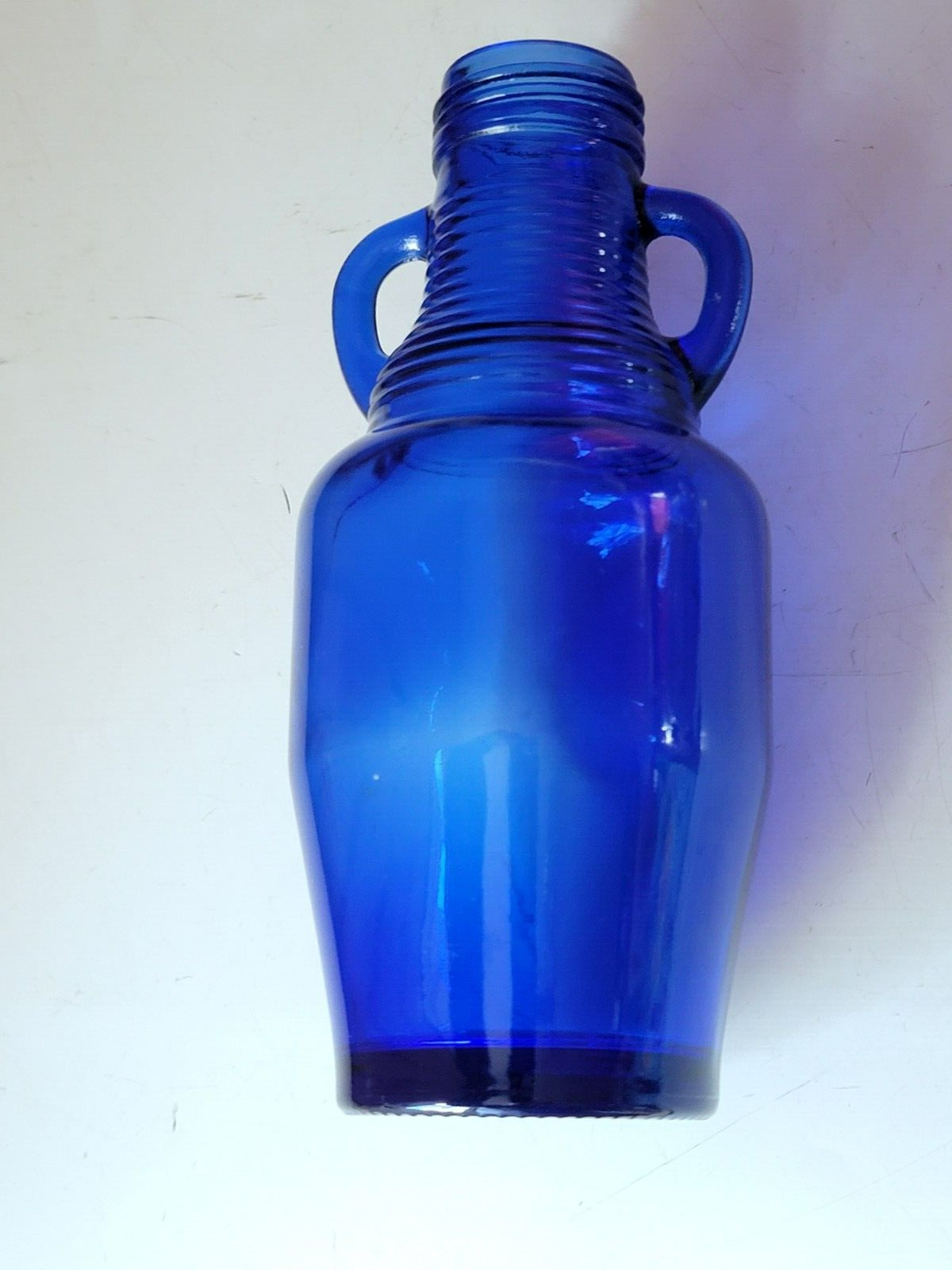 VINTAGE BLUE LUNA CAFE COBALT BLUE BOTTLE DUAL HANDLED RIBBED NECK 7