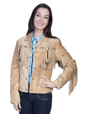 Pre-owned Scully Leather Womens Beaded Fringe Conchos Boar Suede Jacket Old Rust
