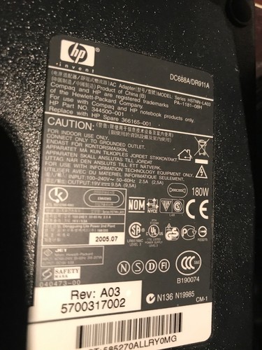 HP PA-1181-08H AC/DC Power Adapter 19 Volt - 9.5 Amp *Tested Working*