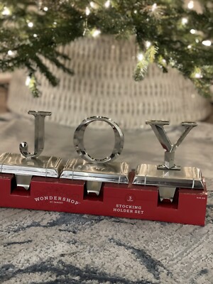 The Word JOY 3 Piece Set Silver Chrome Metal Shiny Stocking Hanger Holder Nice!