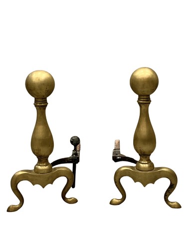 Large Antique Brass Andirons Ball Top Cannonball Chippendale