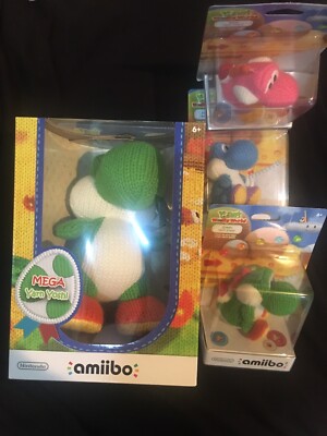 PRIORITY SHIP NEW Mega Yarn Yoshi Amiibo + 3 Nintendo Pink Blue Green Yoshi