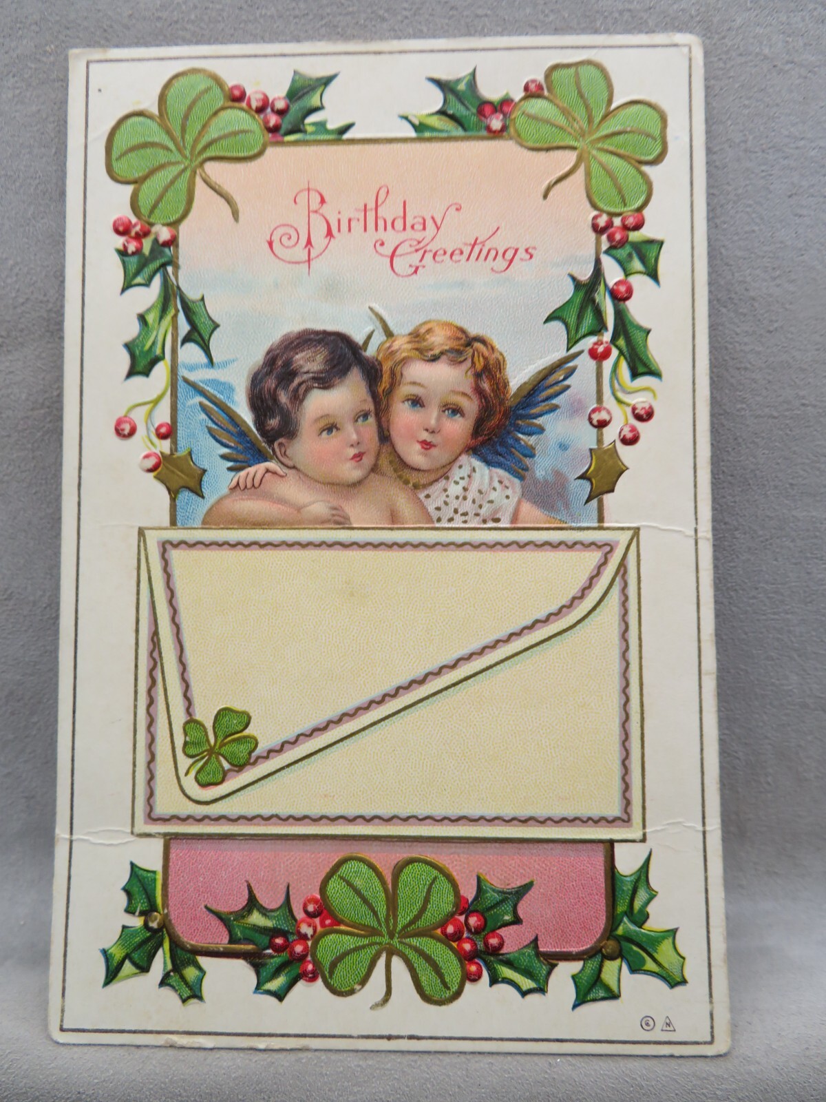 Postcard Birthday Greetings Angels Four Leaf Clovers Berries Envelope Dated 1918