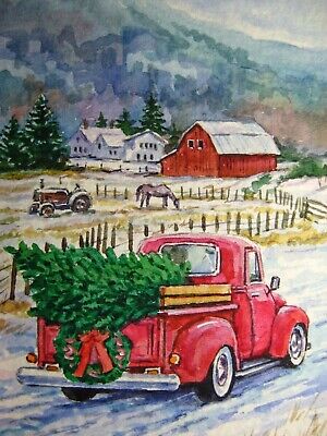 Watercolor Painting Winter Pickup Truck Christmas Tree Country Farm ACEO Art