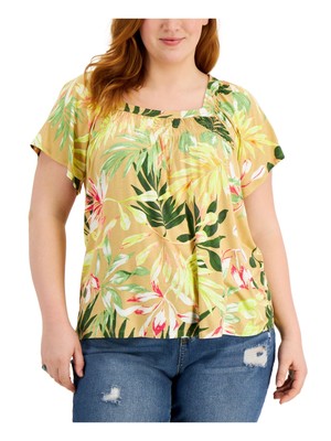 

СТИЛЬ И КОМПАНИЯ Женский бежевый топ с присборенным принтом и короткими рукавами и квадратным вырезом  XS