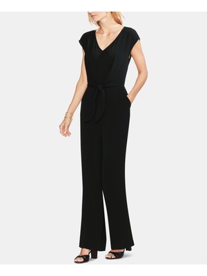 

VINCE CAMUTO Женский комбинезон с черным галстуком и поясом и коротким рукавом с V-образным вырезом и прямыми штанинами, Черный