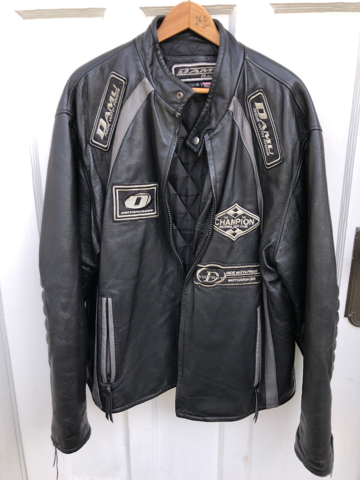 VTG Damu Mens XL Leather Motorcycle Racing Jacket Patches Zippers Padded Elbows VTG Damu Mens XL Leather Motorcycle Racing Jacket Patches Zippers Padded Elbows