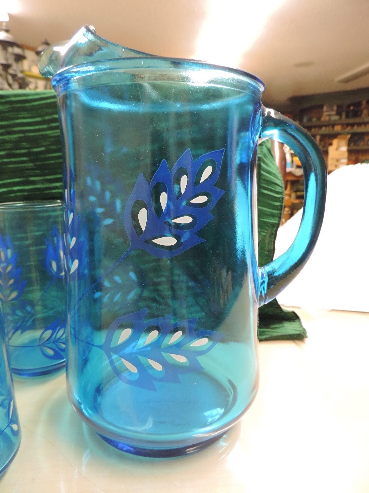 Vintage Blue Glass Pitcher and Four Glasses Leaf Fern Leaf Pattern