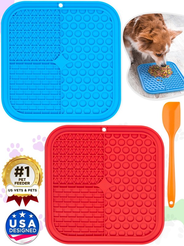 Set of 2 Lick Mats for Cat & Dog (Blue & Red), Slow-Feeder Pad...
