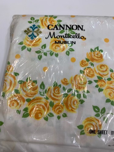 Vintage Cannon Monticello Muslin Floral Yellow White Full Flat Sheet New NOS