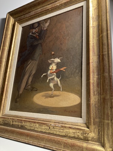 FRANK HOLT CLOWN & DOG CIRCUS SHOW AMERICAN ILLUSTRATOR VINTAGE OIL PAINTING