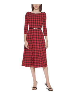 

CALVIN KLEIN Женская одежда с поясом и рукавом 3/4 с вырезом лодочкой ниже колена для работы, Красный
