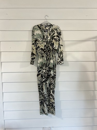 New ZARA Khaki Green Tropical Print Long sleeve Jumpsuit