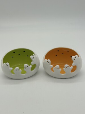 Party Lite P9778 Spooky Ghost Orange & Green Tealight Holders w/Original Box