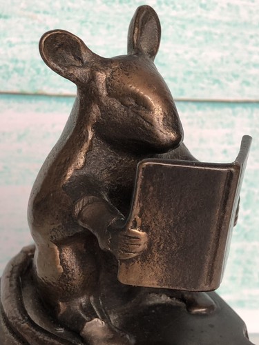 Bronze Doorstop Mouse Reading a Book Sitting on Cheese Door Stop