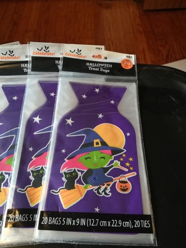 100 HALLOWEEN CELLO TREAT BAGS- BLACK Bag WITCH ON A BROOM  BAGS W/TIES