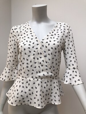 Oasis White Print Blouse Size 8, 3/4 Sleeves