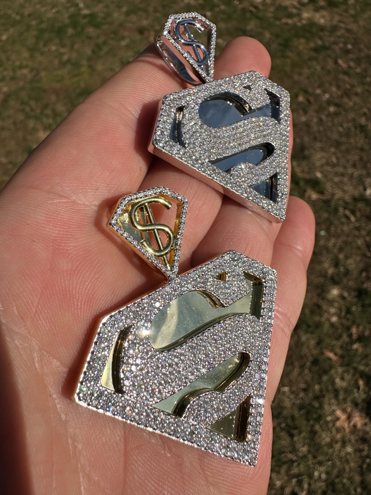 Pre-owned Harlembling Moissanite Real 925 Silver/gold Plated Iced Superman Superhero Pendant Necklace In White