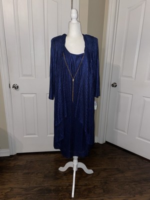 R&M RICHARDS DRESS WITH CONNECTING CARDIGAN AND NECKLACE IN NAVY SZ 18W NWT