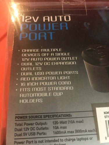 New 12V Auto Power Port - Charges Up To 4 Devices - Fits Cup Holder