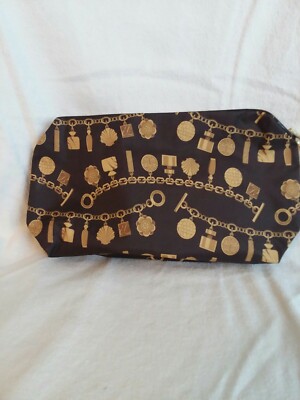 Ester Lauder Set Of 2 Brown & Gold Cosmetic Bag Charm Bracelet  Design Large Bag
