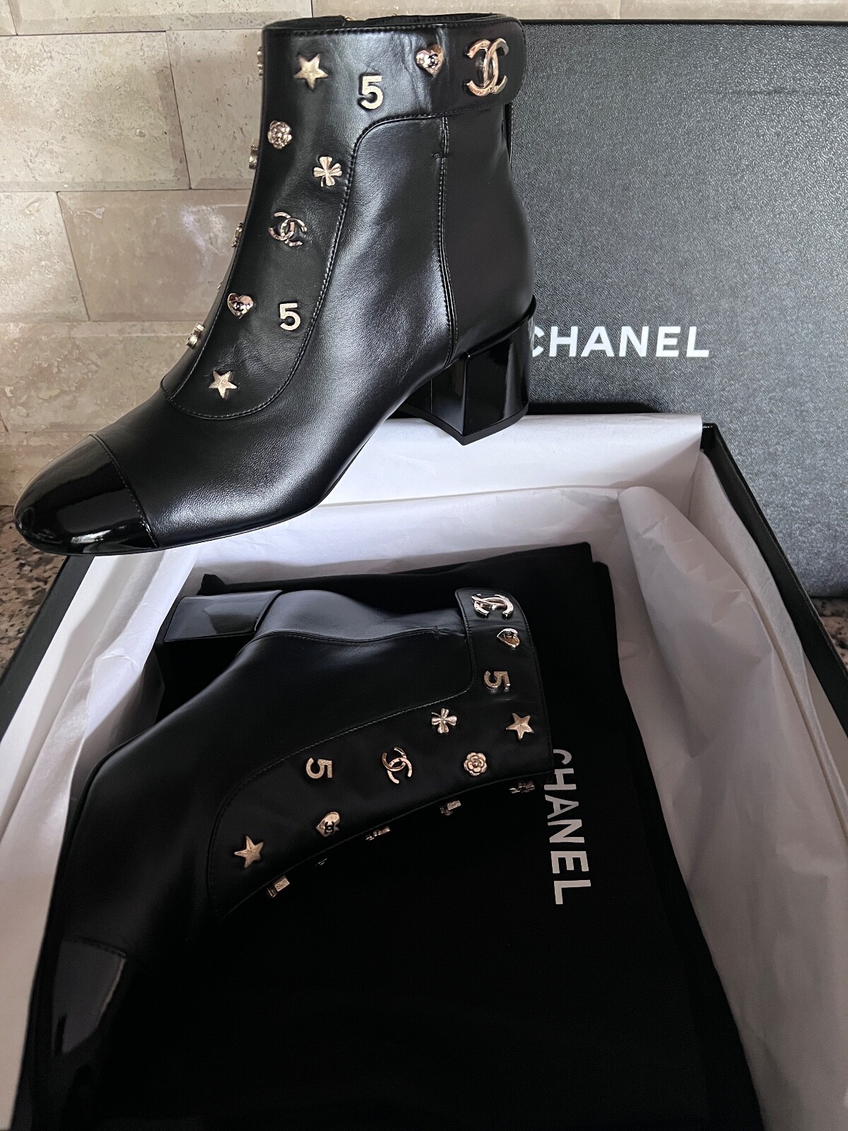 CHANEL 2023-2024 NEW TAGS BLACK LAMBSKIN ANKLE BOOTS GOLD CC