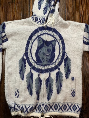 VTG YARI Artesanias Wool Hooded Zip Up Sweater Jacket Wolf Wolves Dream Catcher
