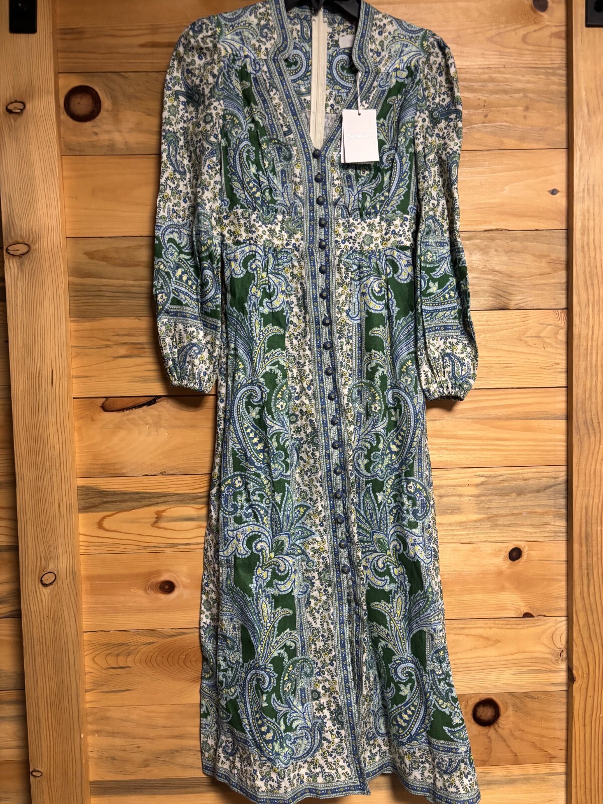 NWT Zimmermann Ottie Paisley Long Sleeve Linen Midi Dress in
