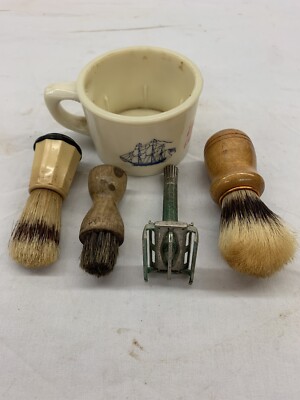 Vtg Old Spice Shaving Lot  ~ 2 Brushes,  Razor, Mug & Esquire Boot Polish Brush