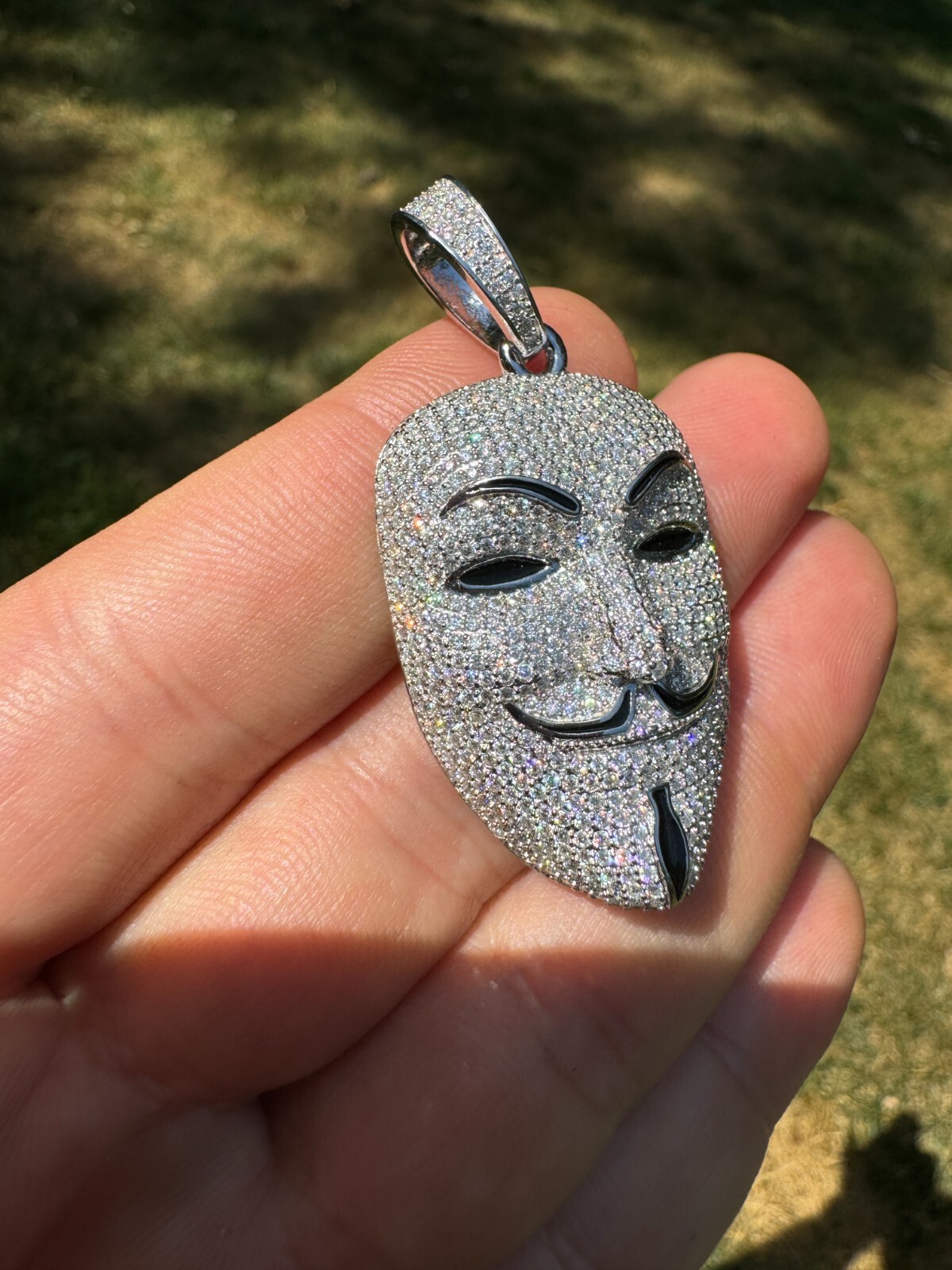 Pre-owned Hip Hop Real Moissanite V For Vendetta Mask Iced Anonymous Pendant Necklace 925 Silver In White