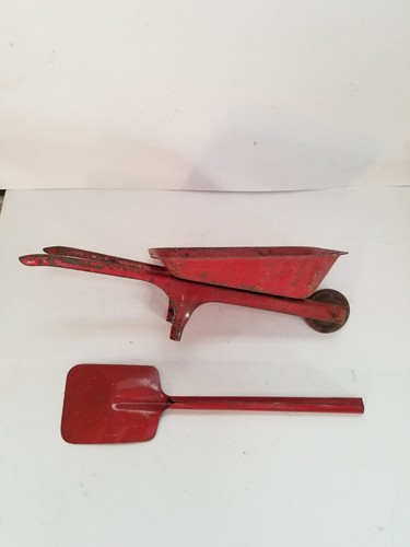 Marx Wyandotte Pressed Steel Toy Wheelbarrow & Shovel 1940'S Metal Wheel Red USA